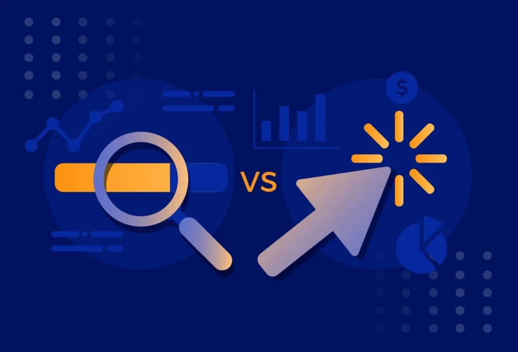 A comparison of SEO (magnifying glass) and PPC (clicking arrow) strategies