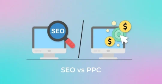A comparison of SEO (magnifying glass) and PPC (dollar signs) strategies