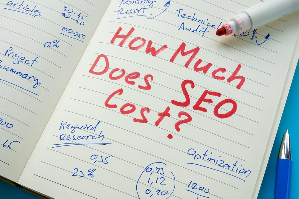 A notebook with in red, surrounded by SEO notes