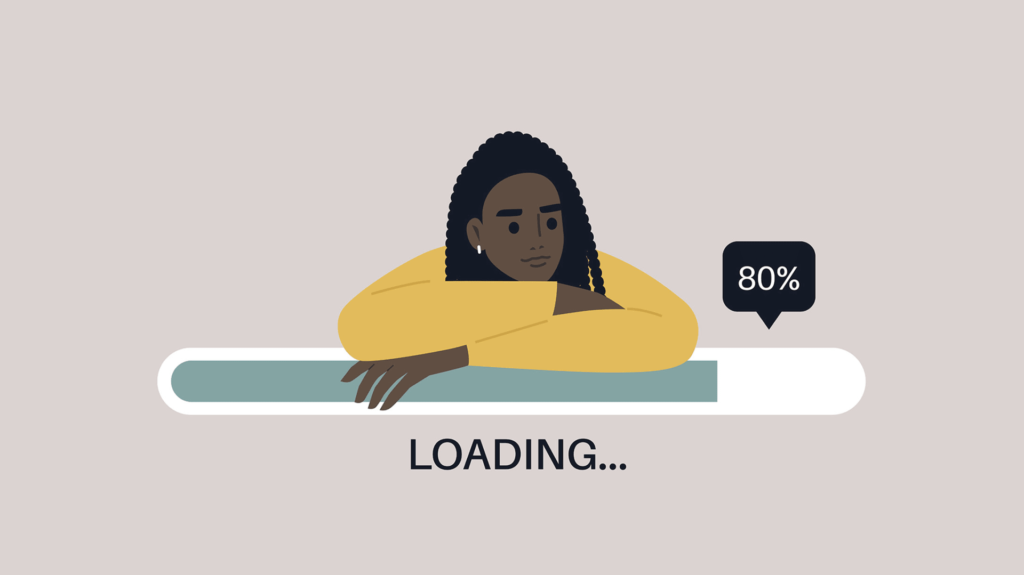 A person in a yellow sweater rests their chin on their hand, with a loading bar at 80%.