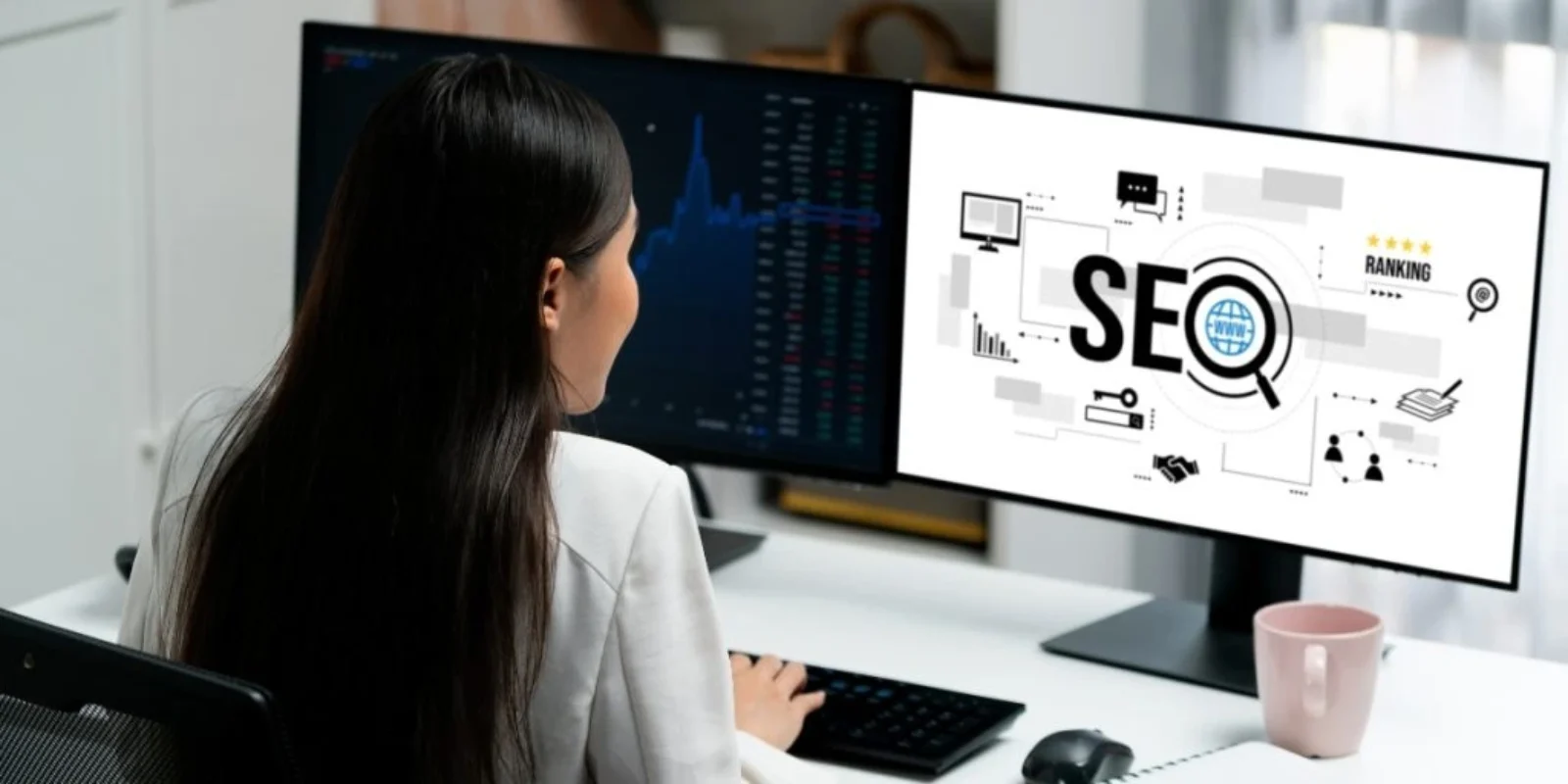 A person working on a computer with SEO graphics on the screen