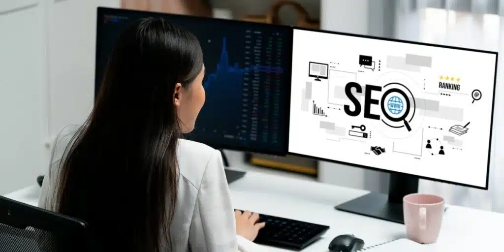 A person working on a computer with SEO graphics on the screen