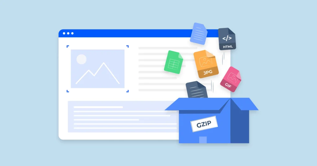 An illustration of various file types (JPG, HTML, GIF, etc.) being extracted from a GZIP box onto a webpage.