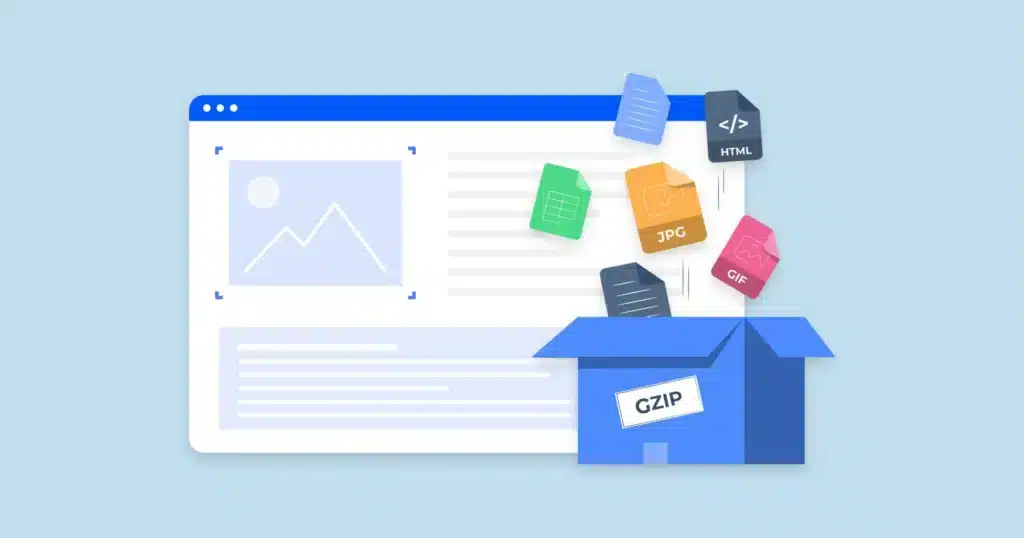 An illustration of various file types (JPG, HTML, GIF, etc.) being extracted from a GZIP box onto a webpage.