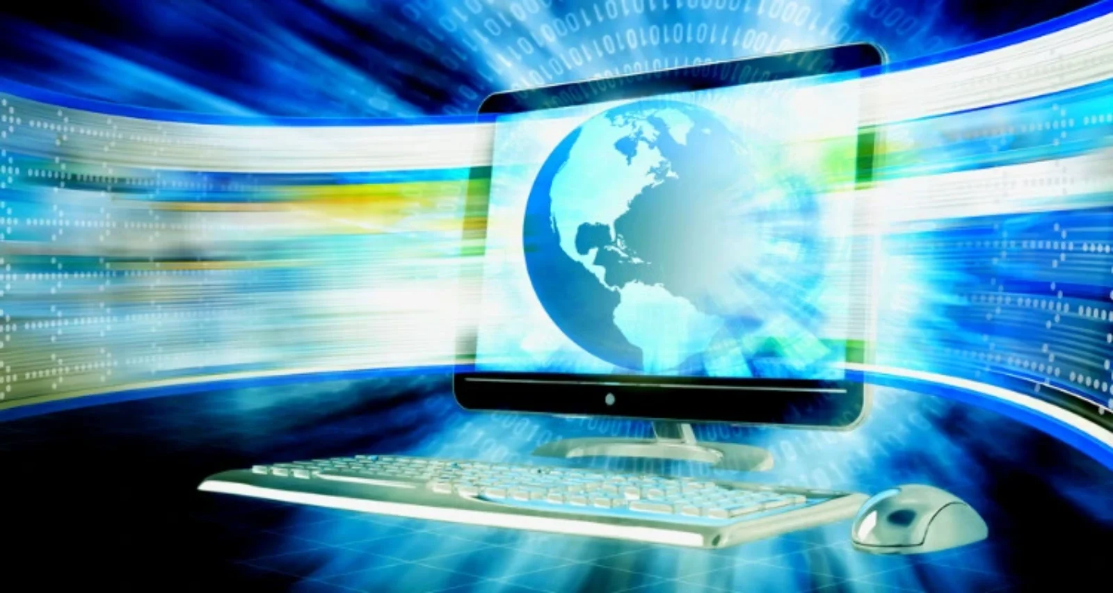 Computer with a globe and digital data streams, symbolizing fast internet