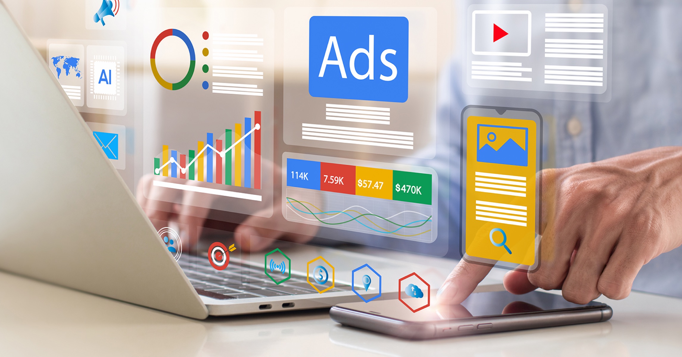 Digital marketing analytics and ads displayed on laptop and smartphone screens.