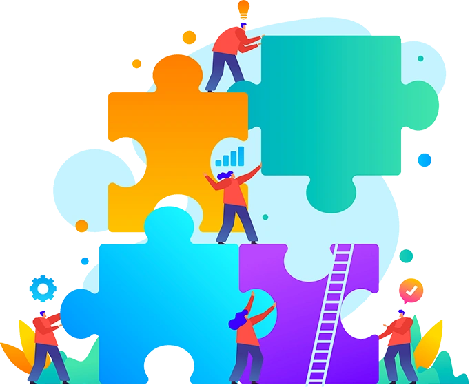 Team working together to fit puzzle pieces, symbolizing the collaborative approach of PPC Agency in UAE.