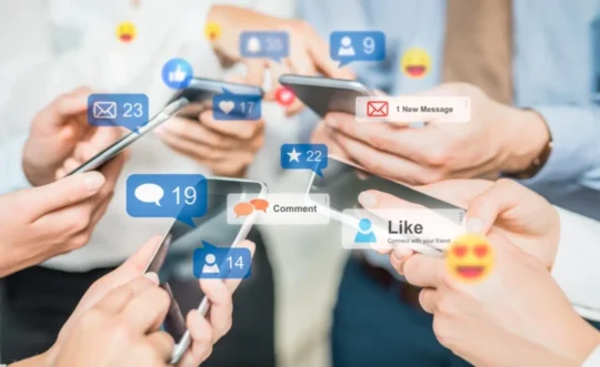People using smartphones with social media likes, comments, and notifications appearing on screen