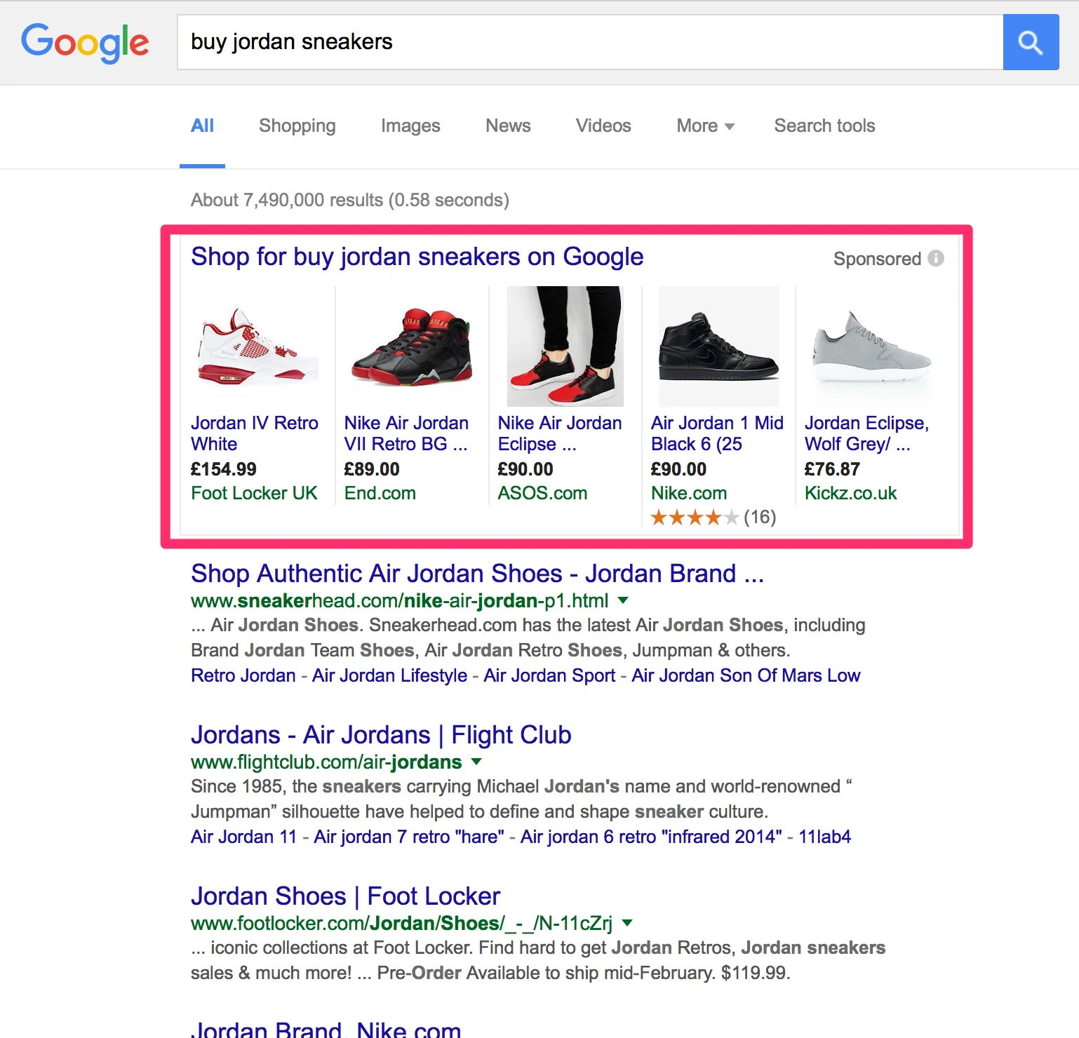 shopping ads of jordan shoes in google search results