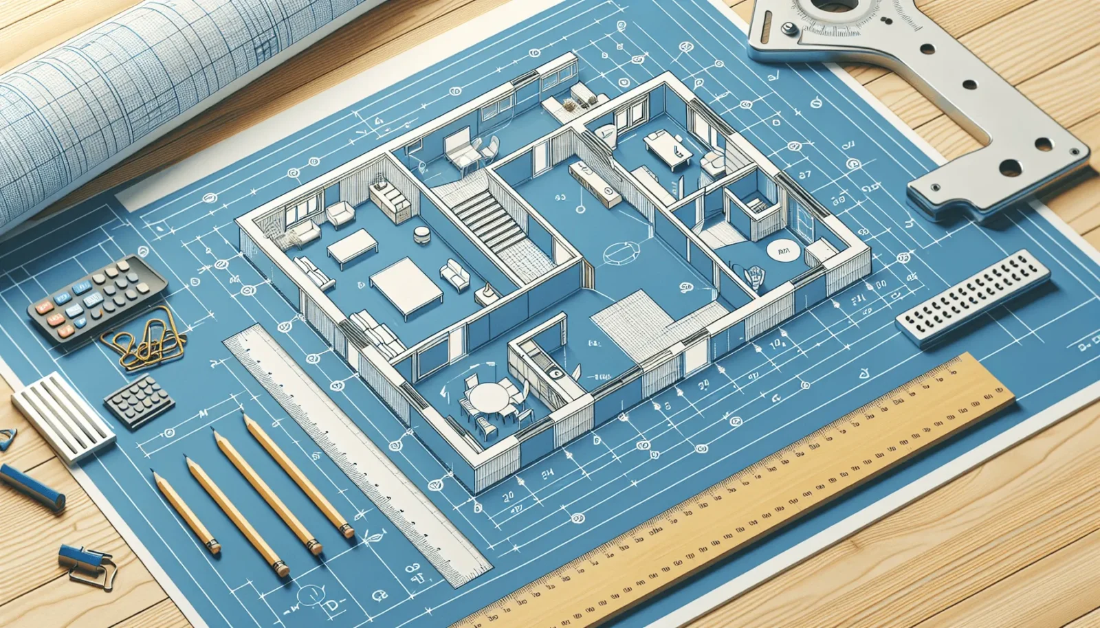 A 3D architectural blueprint with furniture, surrounded by drawing tools.