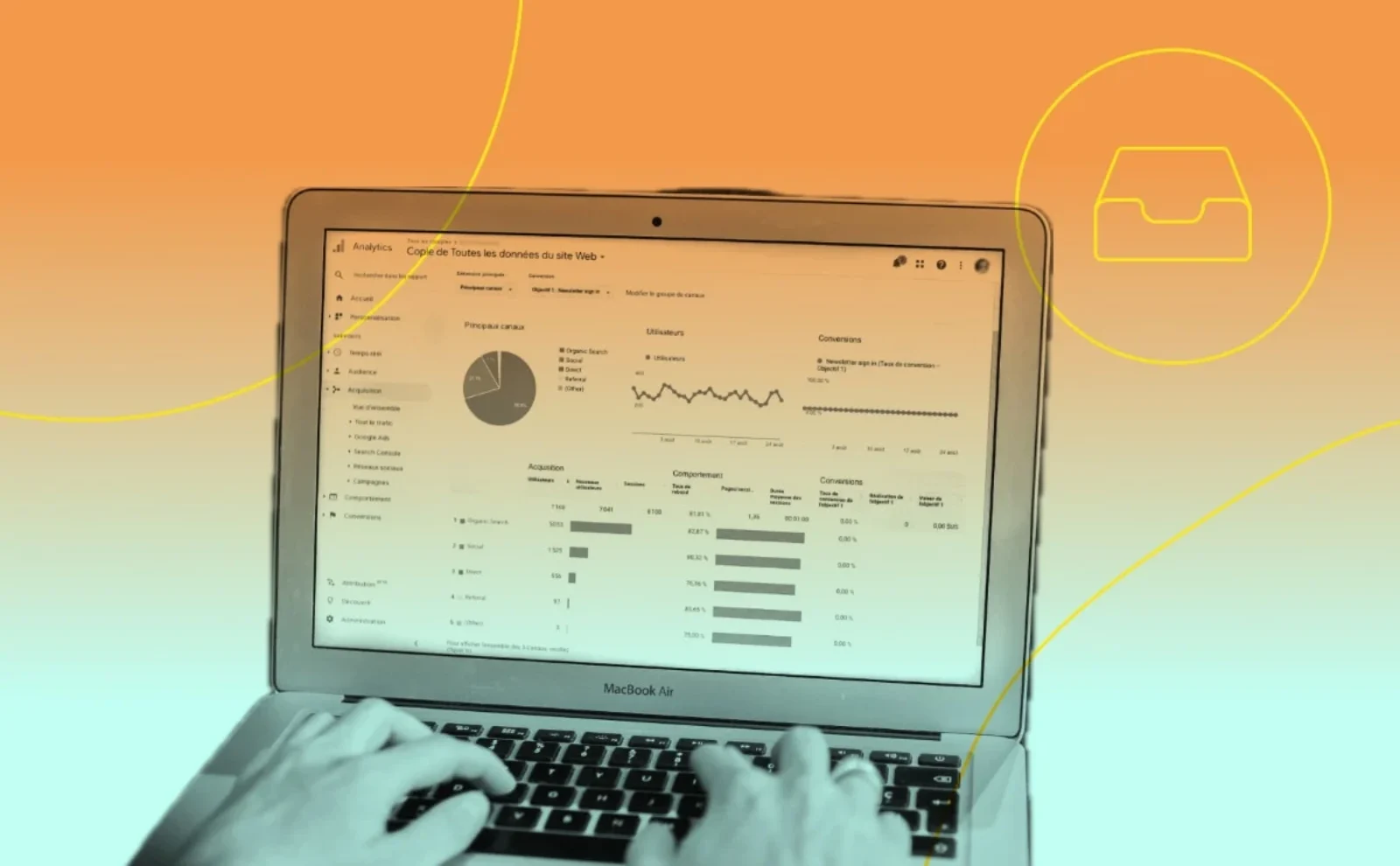 A person is analyzing website performance data on a laptop, showcasing metrics like user acquisition, behavior, and conversions.