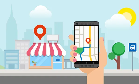 An illustration of a smartphone displaying a map with a location marker, showing a business on Google Maps.