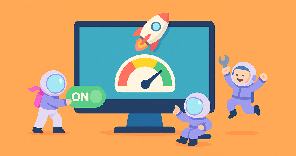 An illustration of astronauts activating a website performance boost with a ON button and a rocket launching.