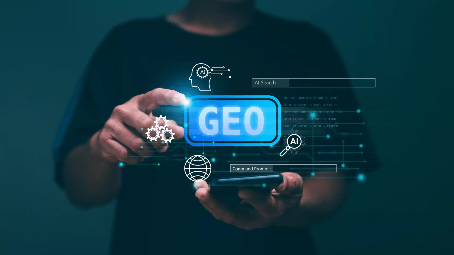 Digital GEO concept with AI and technology icons on a phone screen