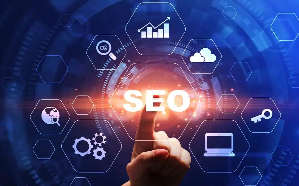 Digital SEO concept with icons and a finger pointing to the word SEO
