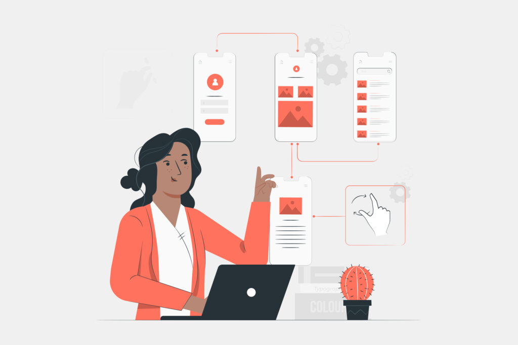 Illustration of a UIUX designer working on a laptop, with phone screens displaying app wireframes and user flow connections.