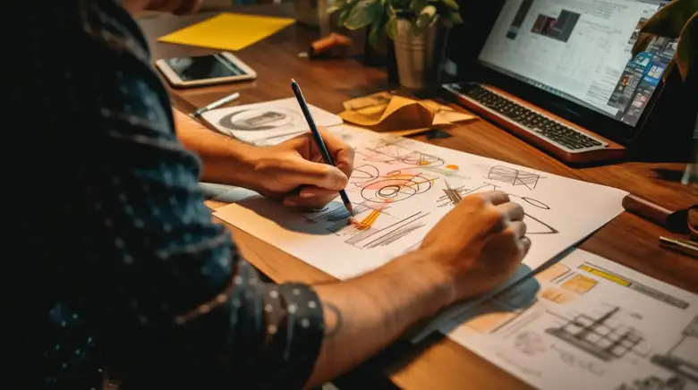 Person sketching design ideas on paper with a laptop in the background.