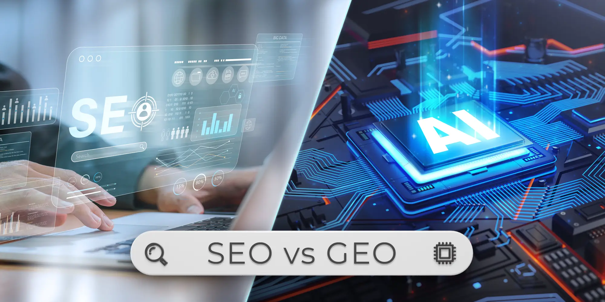 SEO vs GEO comparison with digital data and AI elements.