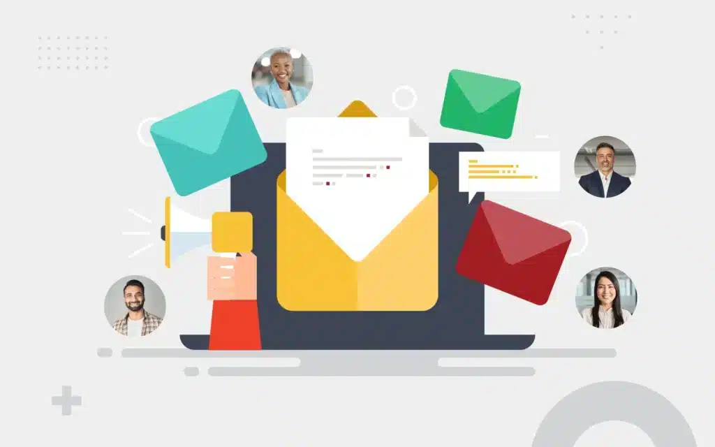  The image features a laptop with various email icons and user profiles, representing different types of email marketing campaigns.