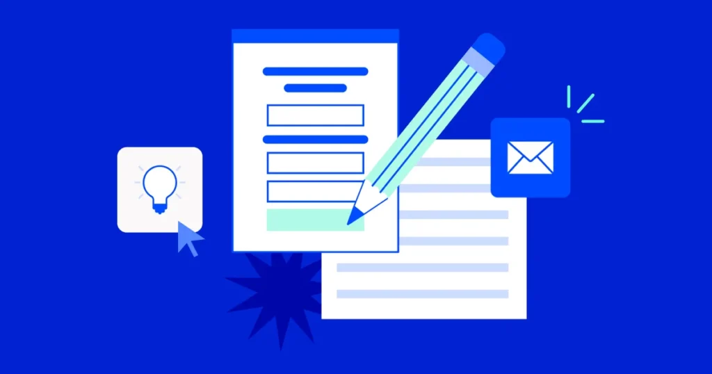 The image features a pencil, form, email icon, and lightbulb, symbolizing the creation of follow-up emails.