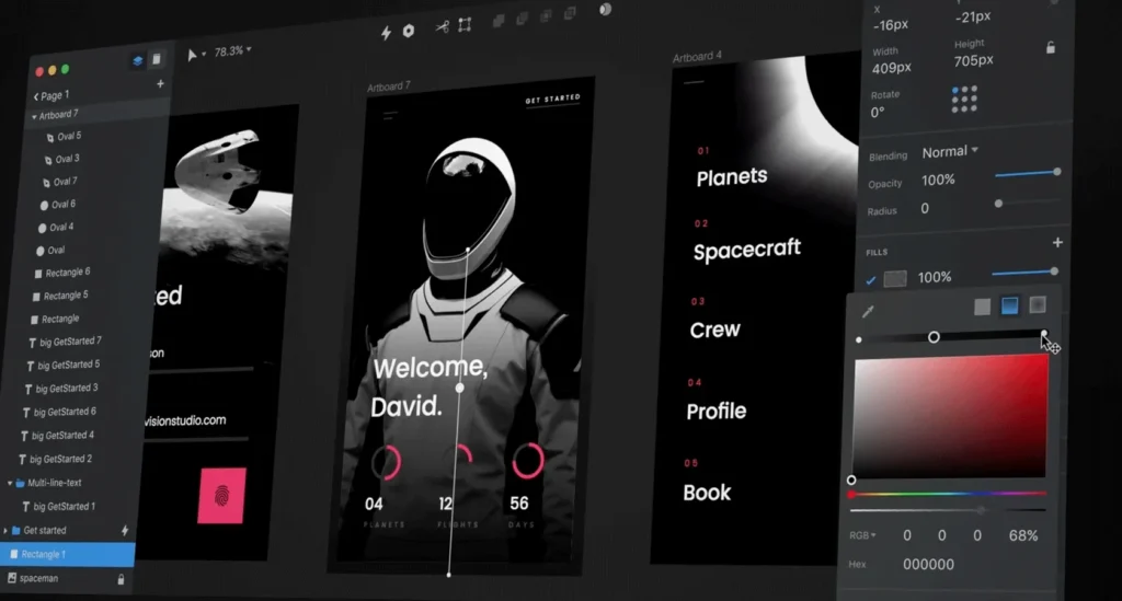 UIUX design interface with mobile app elements and color adjustments.