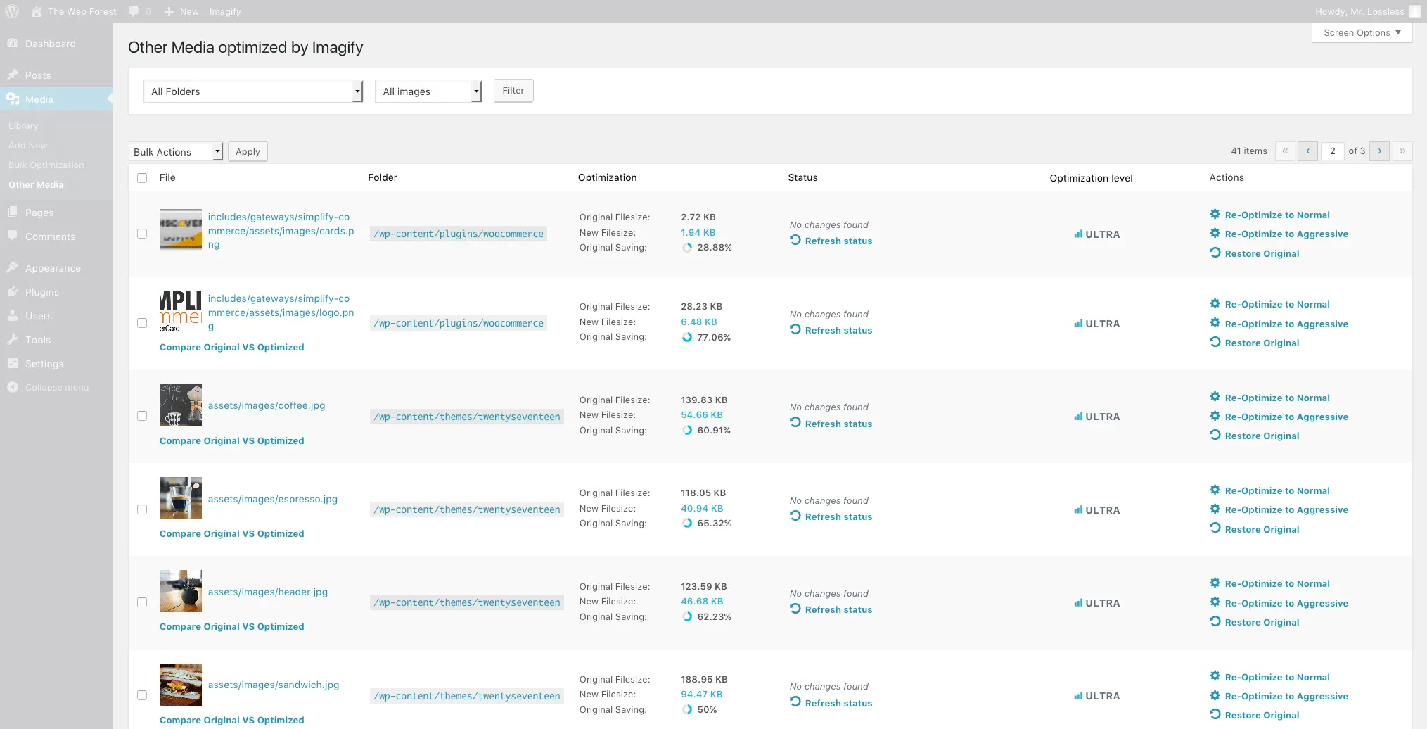 imagify plugin interface view