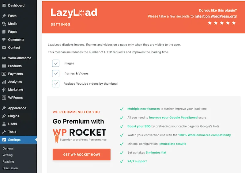 lazyload by WP rocket interface