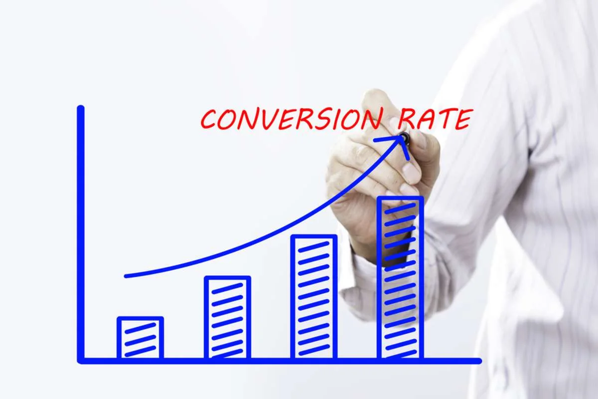view of a hand working on a graph for conversion rate