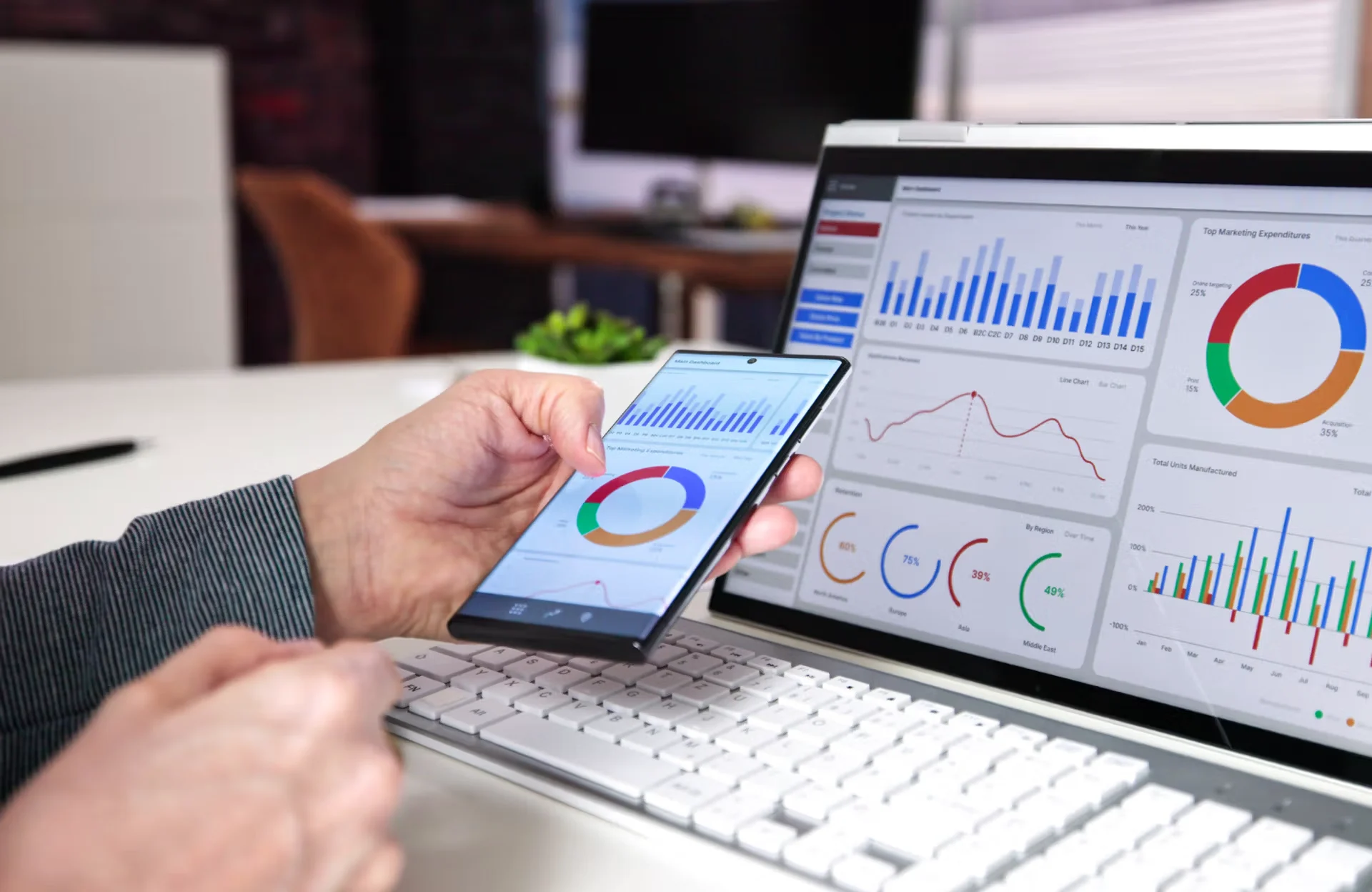 A person reviewing data visualizations and charts on a smartphone and laptop.