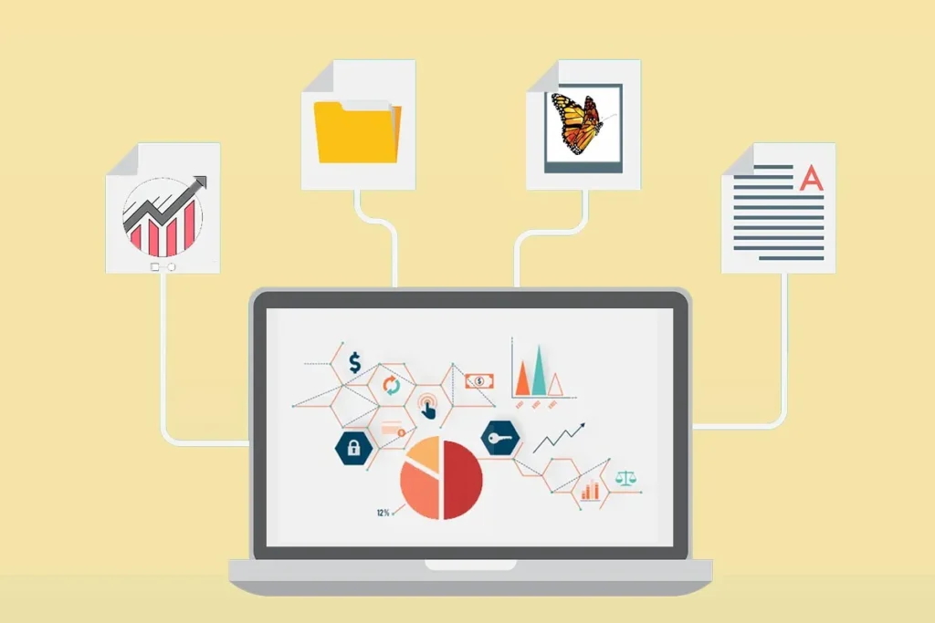 An illustration of a laptop displaying data visualizations with connected icons, representing semantic search.
