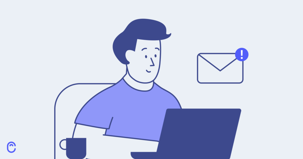 An illustration of a person sitting at a laptop, smiling, with an email notification icon displaying a new message.