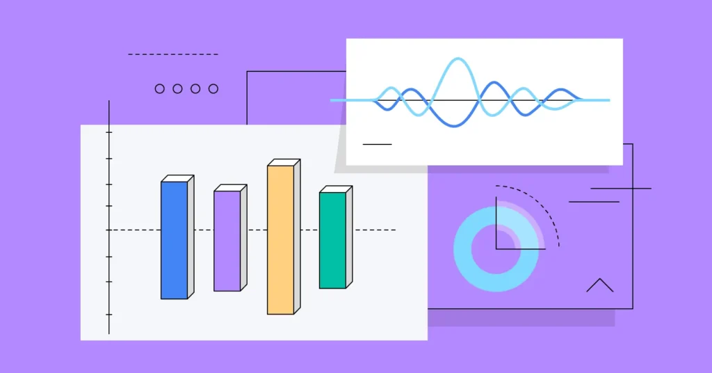 An illustration of graphs and sound waves, symbolizing the integration of voice search statistics and data analysis.