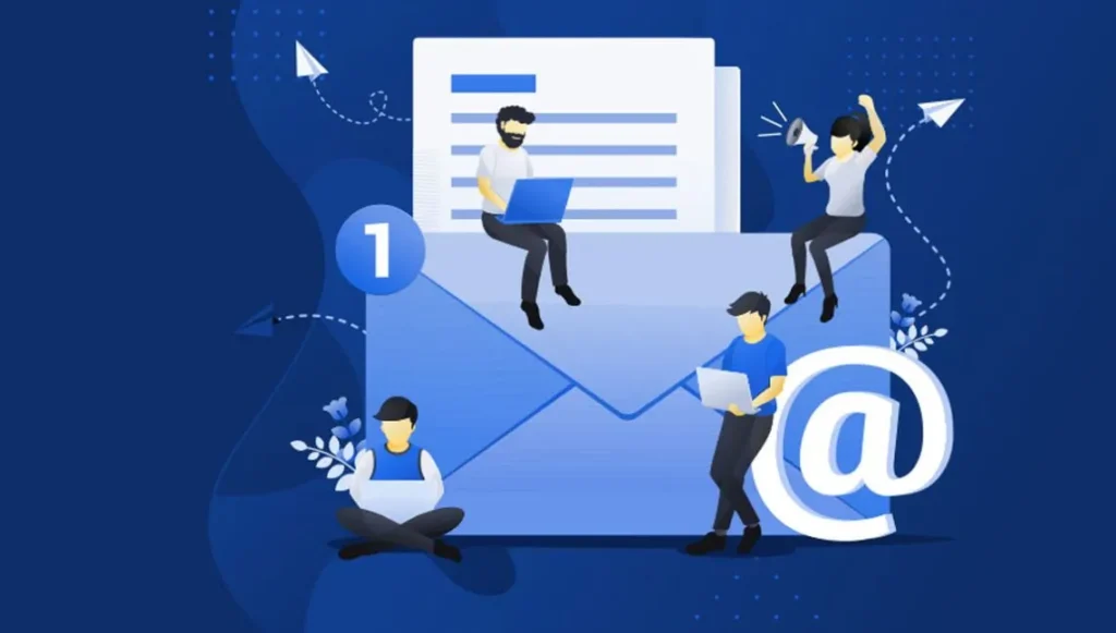 An illustration of people engaged in various email-related tasks, symbolizing strategies for effective email marketing.