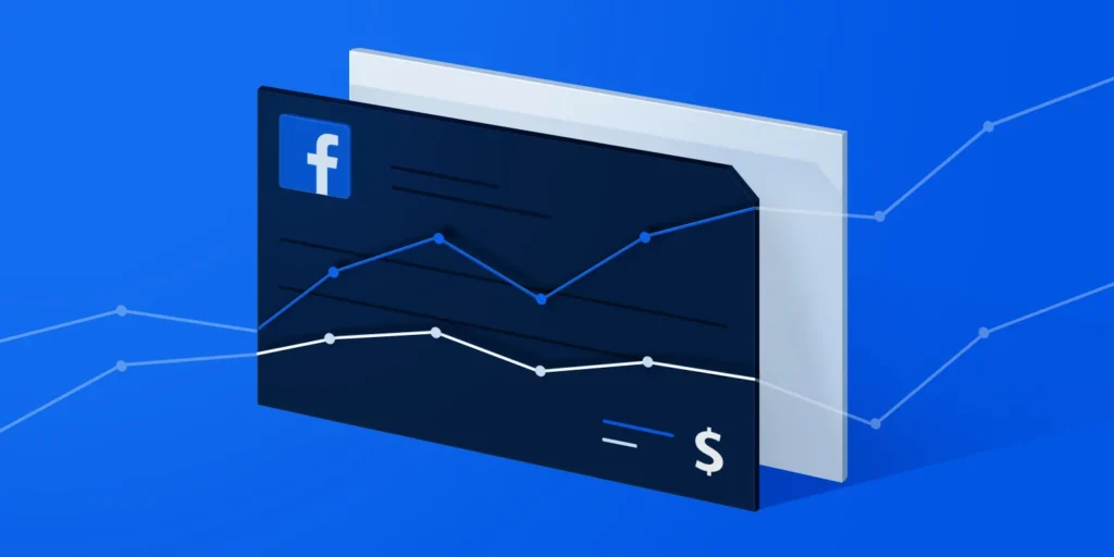 An illustration of the Facebook logo with a graph and dollar symbols, symbolizing Facebook ad campaign budget optimization.