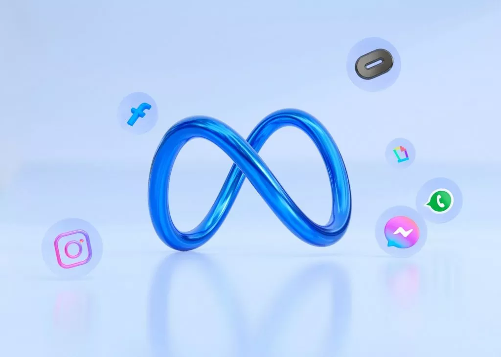 An image of the Meta logo with floating icons of Facebook, Instagram, WhatsApp, and Messenger.