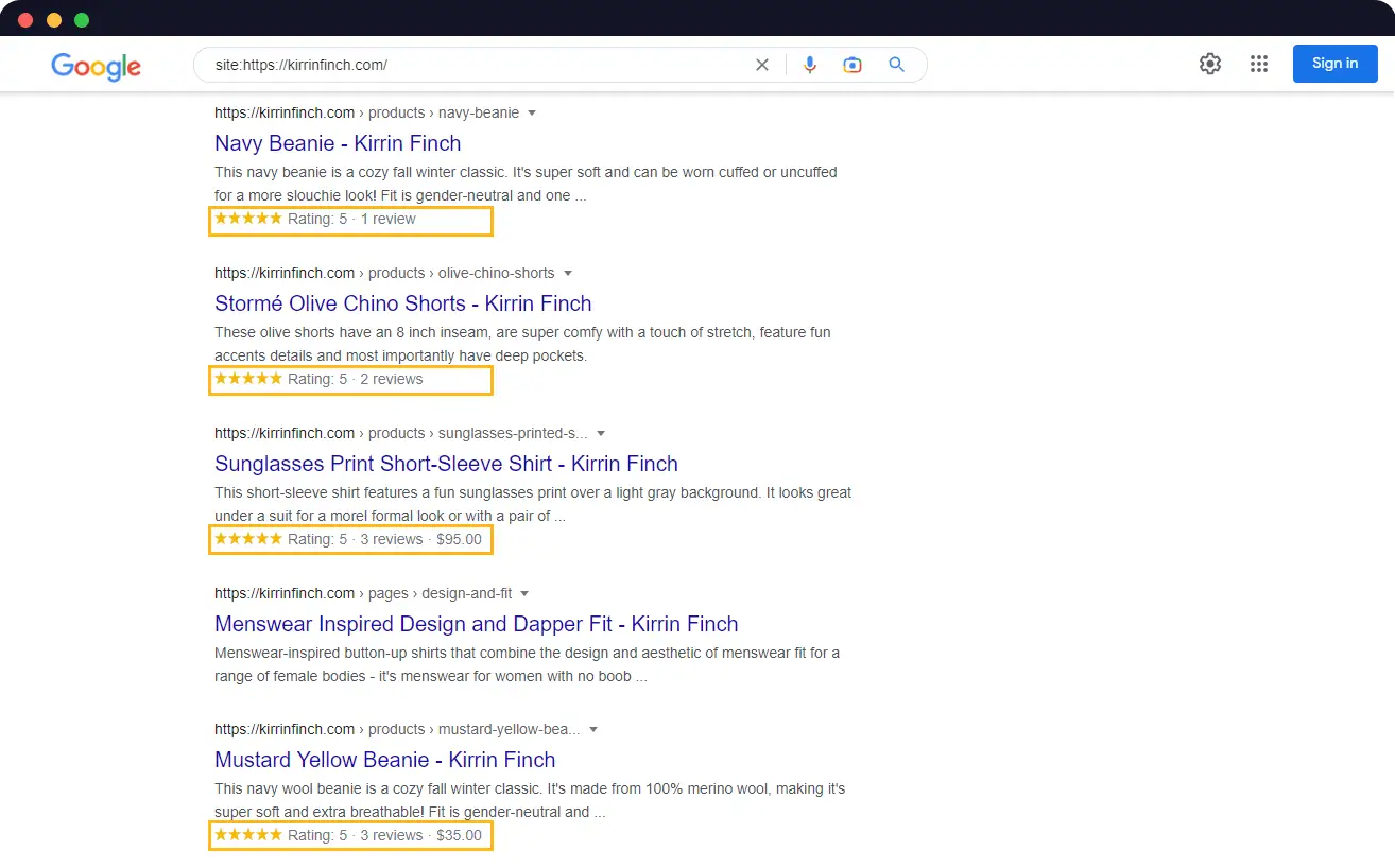 Google search results showing products from Kirrin Finch with ratings and descriptions.