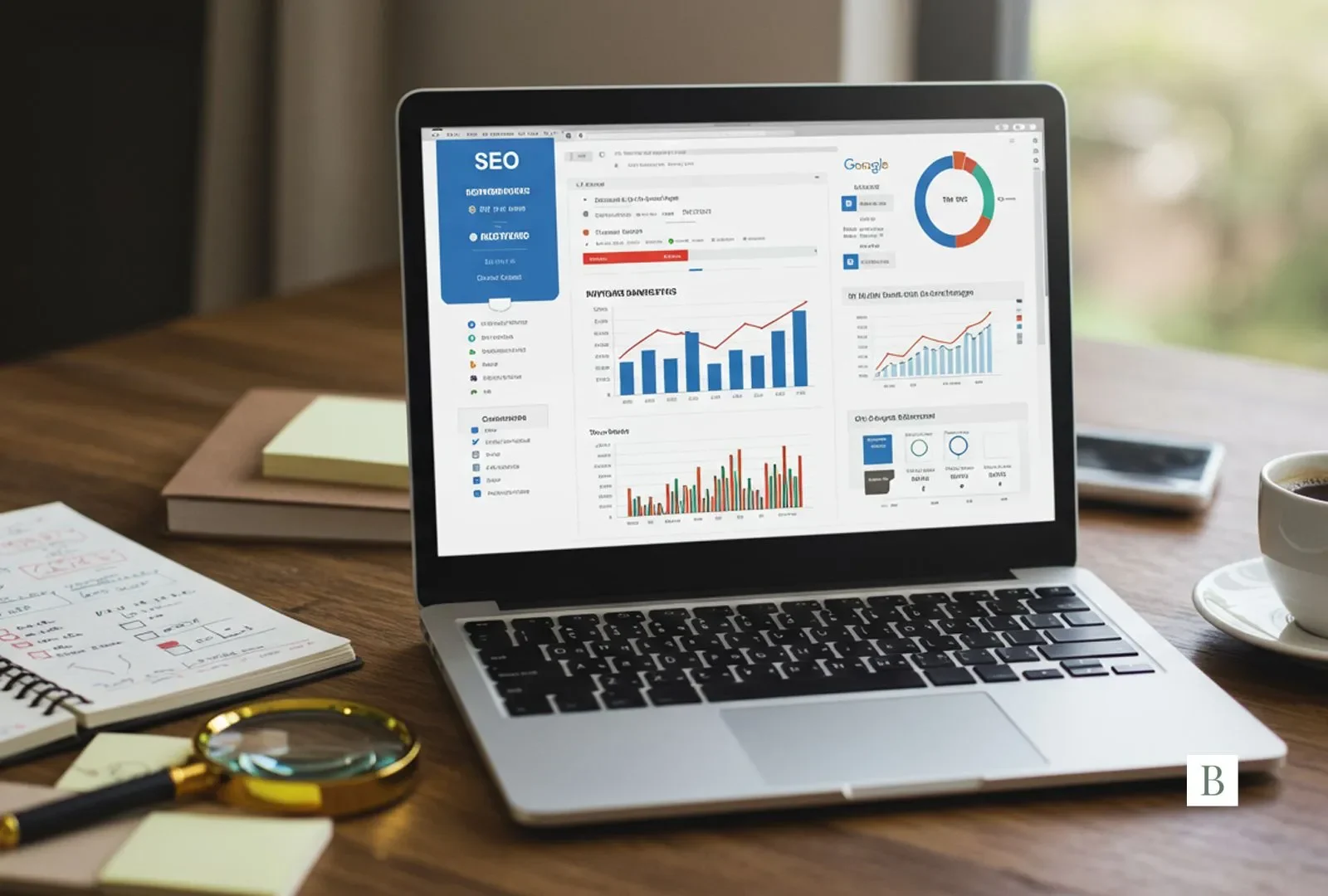 Laptop displaying an SEO dashboard with graphs and charts on a desk._11zon