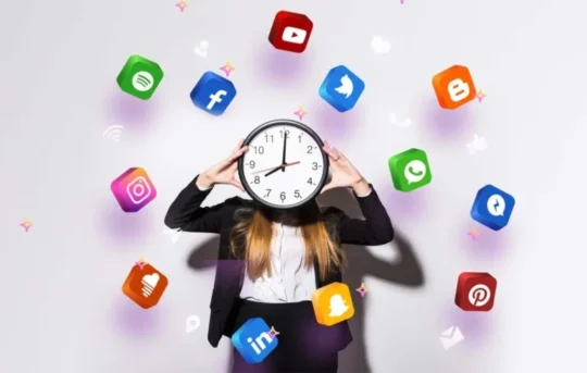 Person holding a clock with social media icons floating around them.