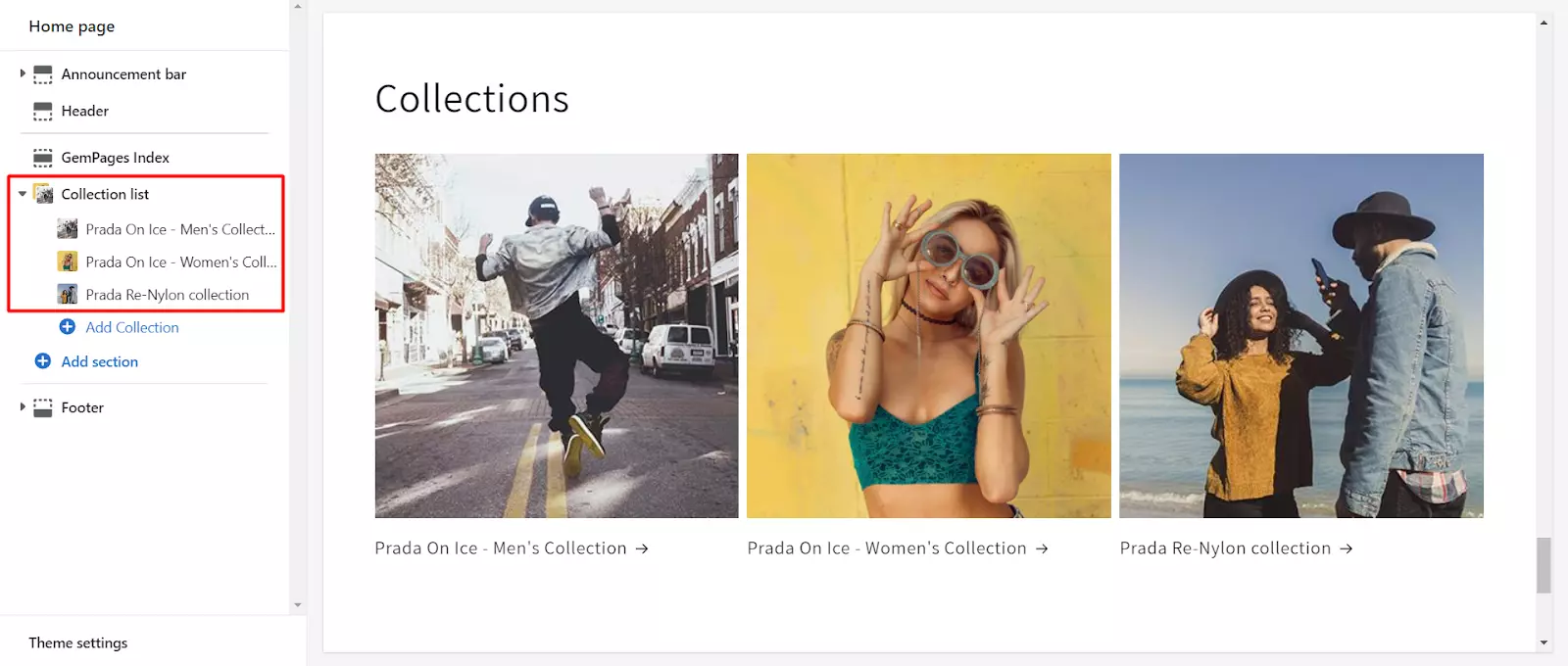 Prada On Ice men's and women's fashion collections, and Prada Re-Nylon collection displayed on a Shopify store.