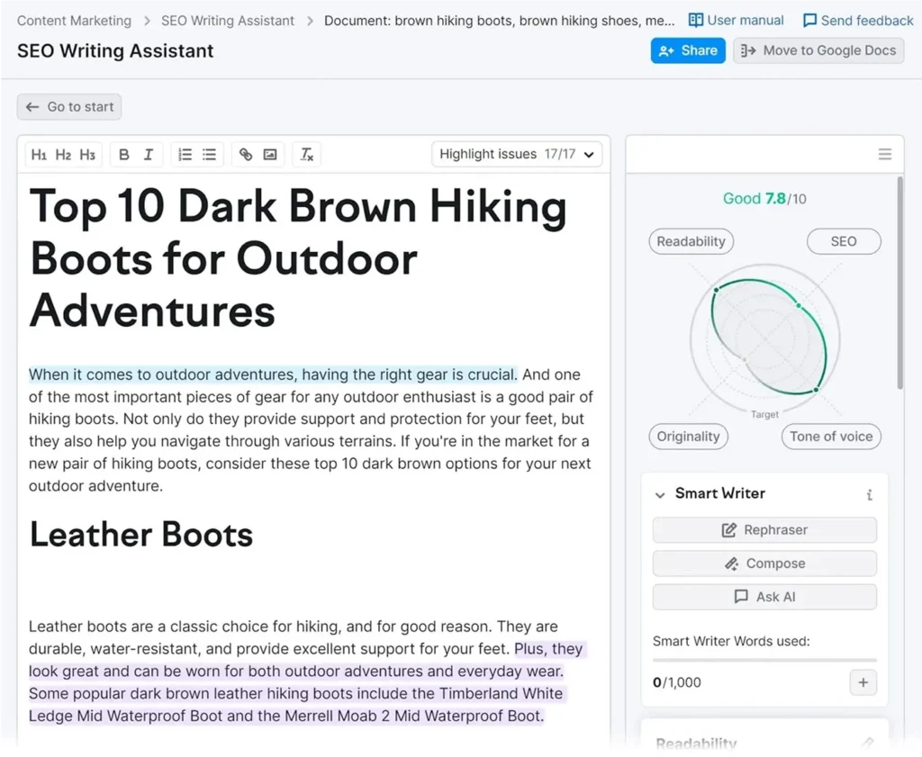 SEO writing assistant for optimizing content about dark brown hiking boots for outdoor adventures