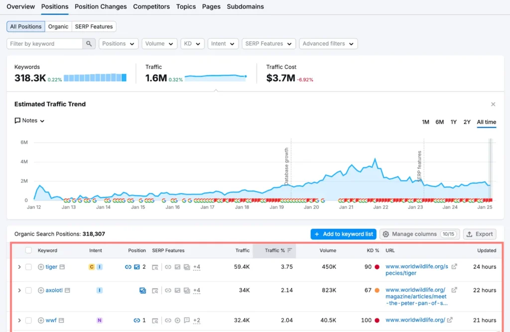 SEO dashboard showing organic search positions, traffic, and keyword data.
