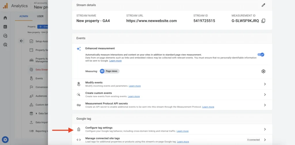 Shopify SEO checklist in Google Analytics - Configuring tag settings.