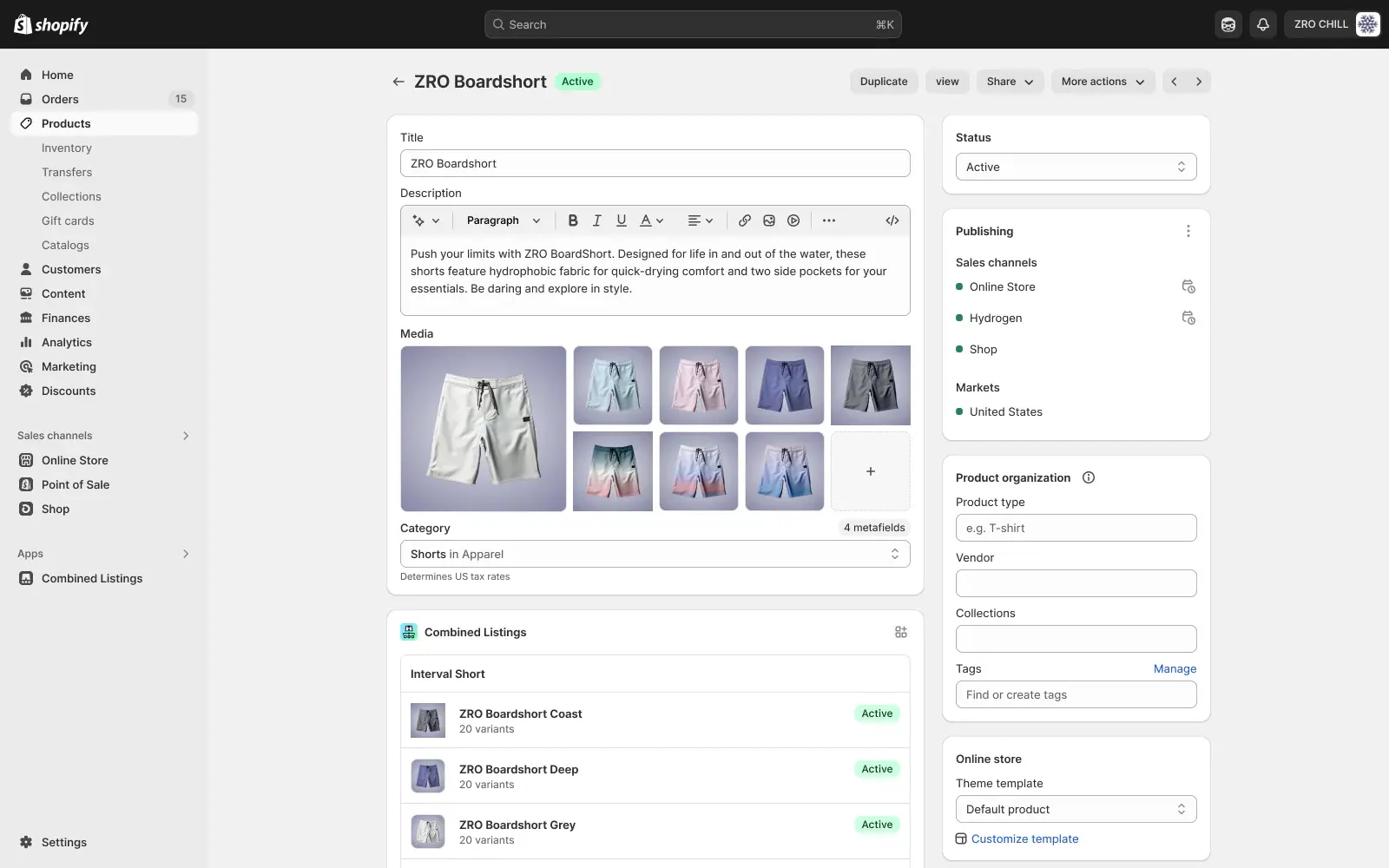 Shopify product page showing ZRO Boardshort with images and details