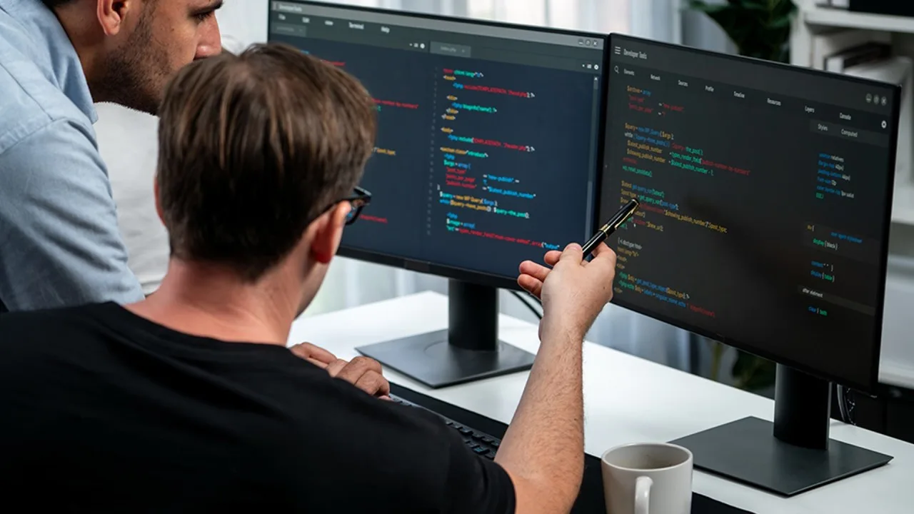 Two people reviewing code on dual monitors in a workspace.