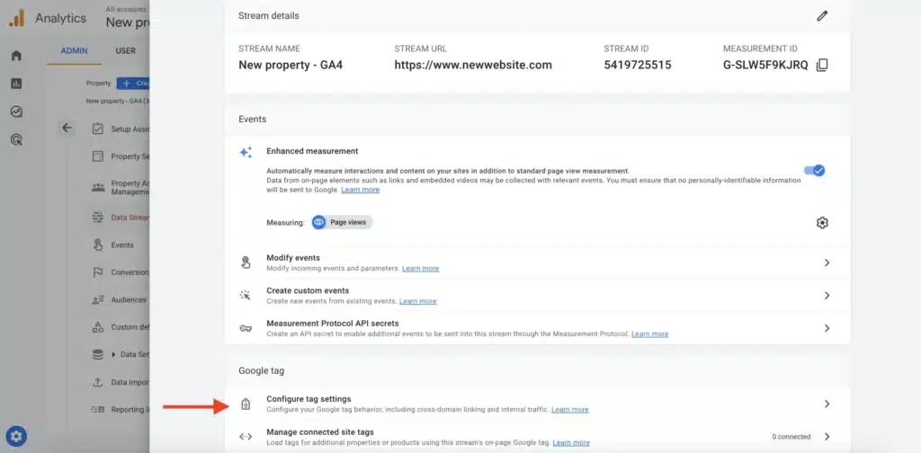Shopify SEO checklist in Google Analytics - Configuring tag settings.