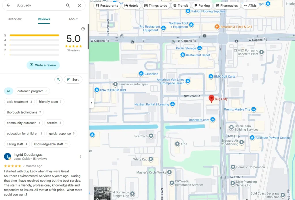 Google Maps listing for “Bug Lady” showing a 5.0 rating and customer reviews alongside a map view.