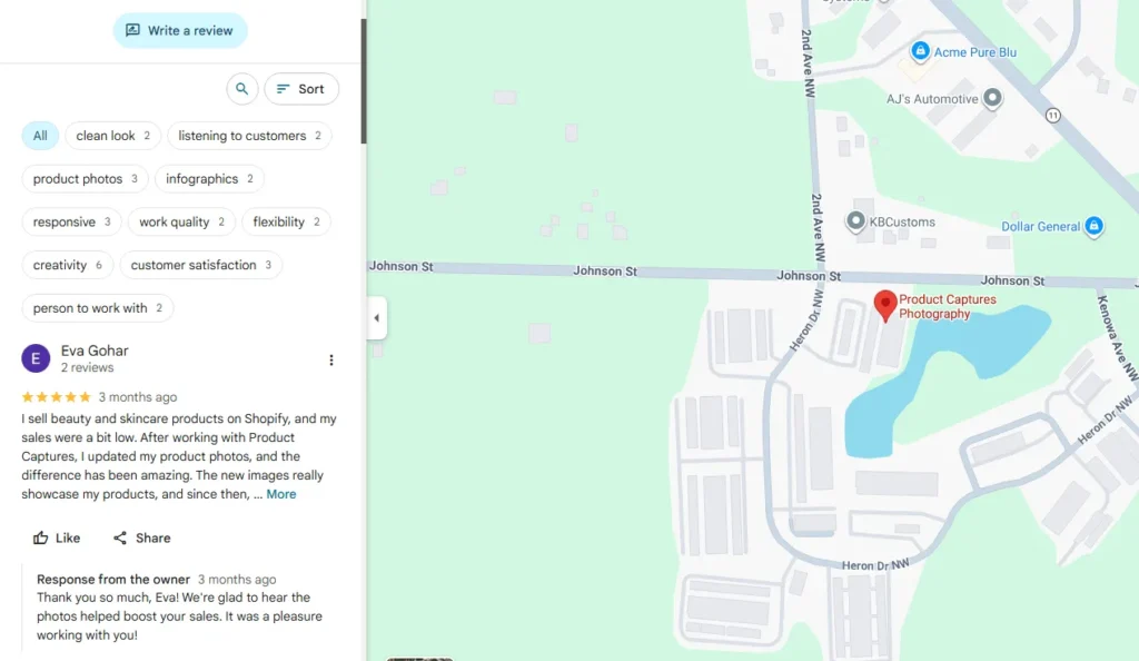 Google Maps listing showing reviews on the left and a map with a business pin on the right.