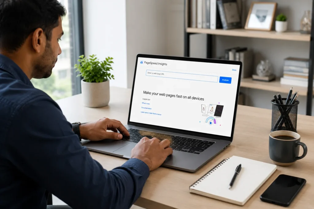 Man analyzing website performance using Google PageSpeed Insights on a laptop.