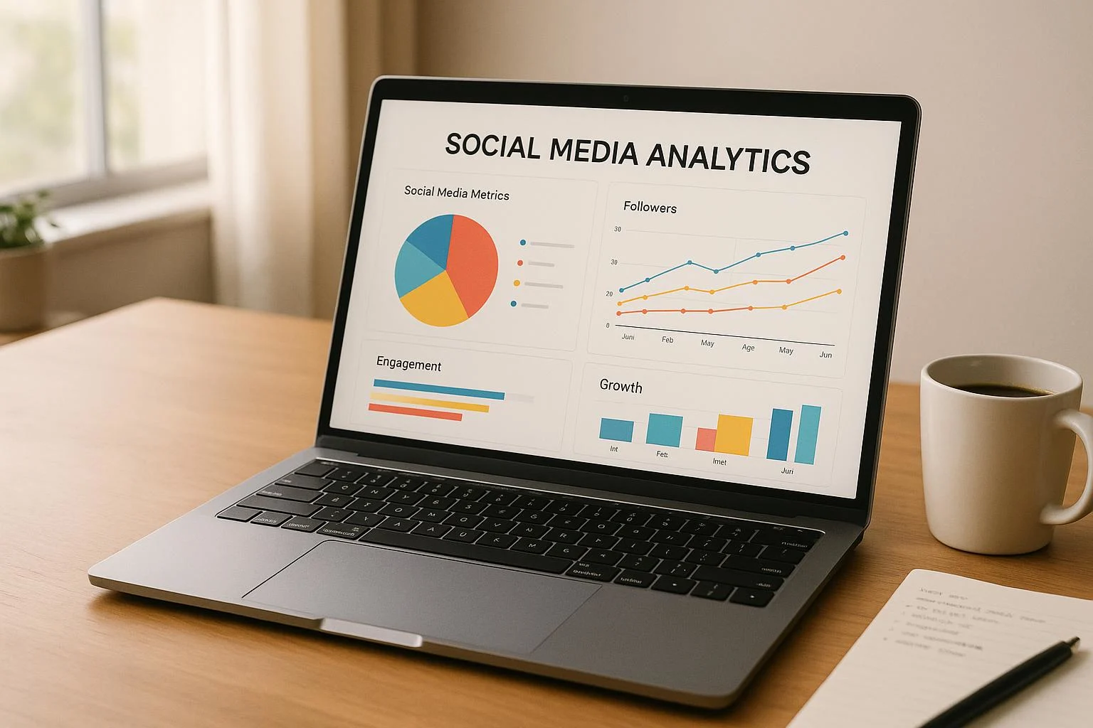 social media metrics on a laptop, a cup of coffee on a table