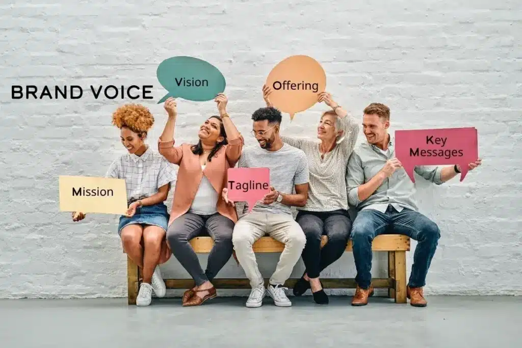 Brand voice strategy image showing team members defining mission, vision, tagline, offerings, and key messages.